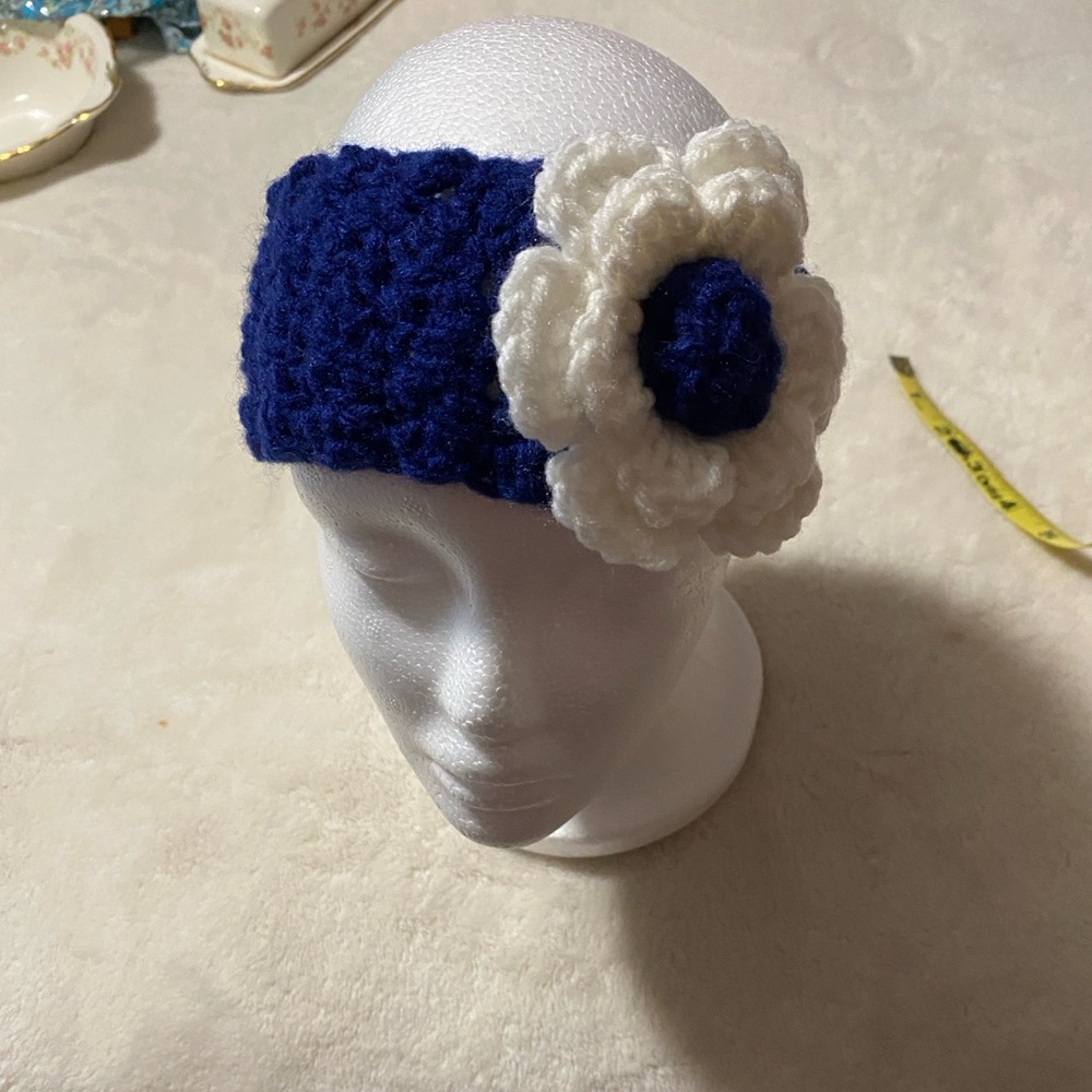 Adorable Handmade Child’s Headband/Earwarmer. Navy Blue with white flower
